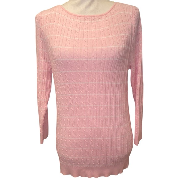 CHAPS Women’s Cable Knit Crewneck Sweater in Soft Pink & White Accents Size LG - Picture 1 of 4